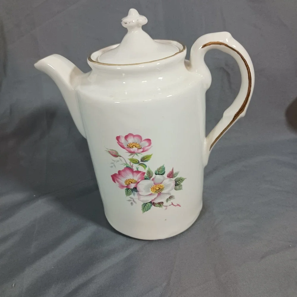 Vintage Floral Teapot Coffee Server White Good Gold Trim Wild Rose Cottagecore